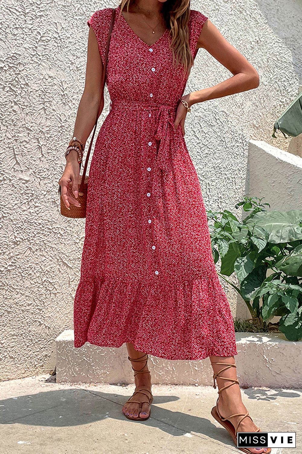 V Neck Button Down Floral Maxi Dress