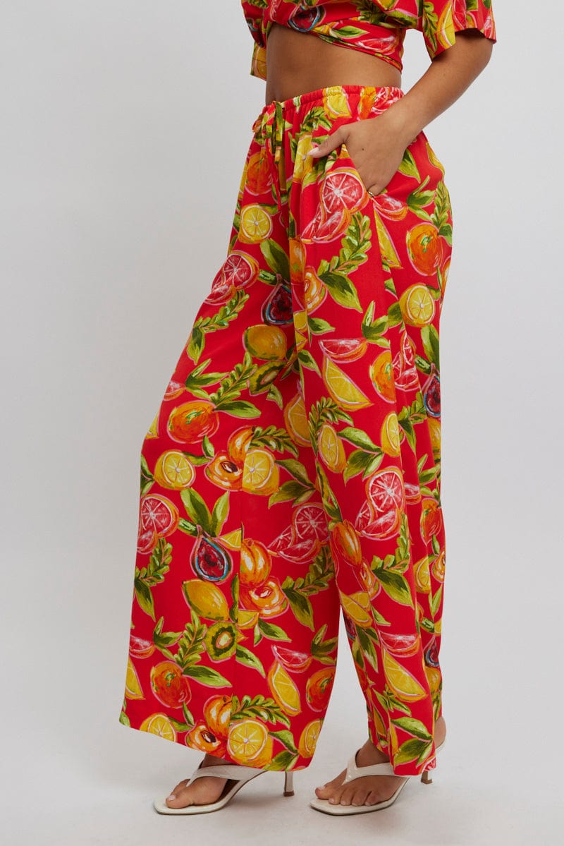 Red Abstract Wide Leg Pants High Rise
