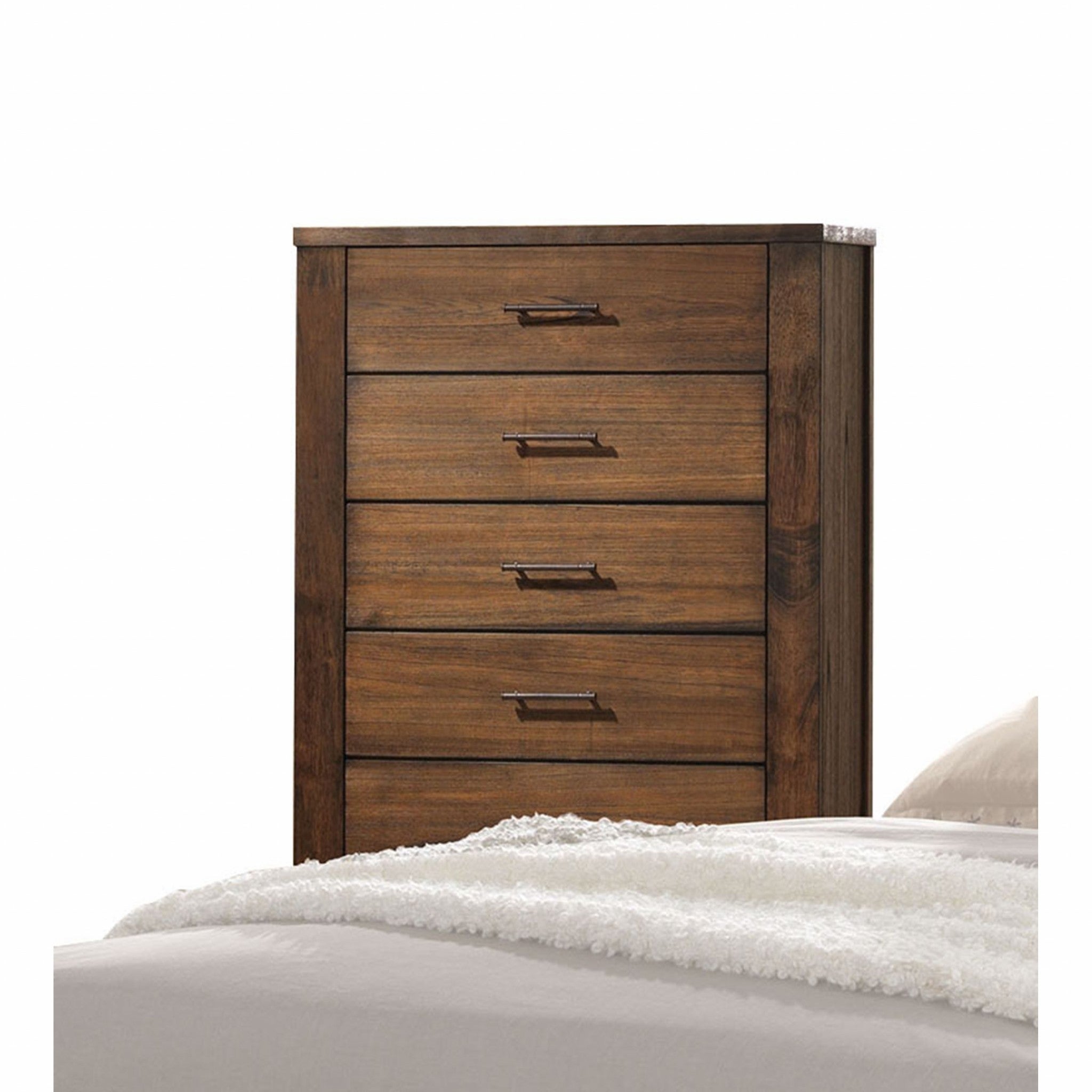 HomeRoots 48 Oak Finish 5 Drawer Chest Dresser with Brass Metal Hardware - - 36949234