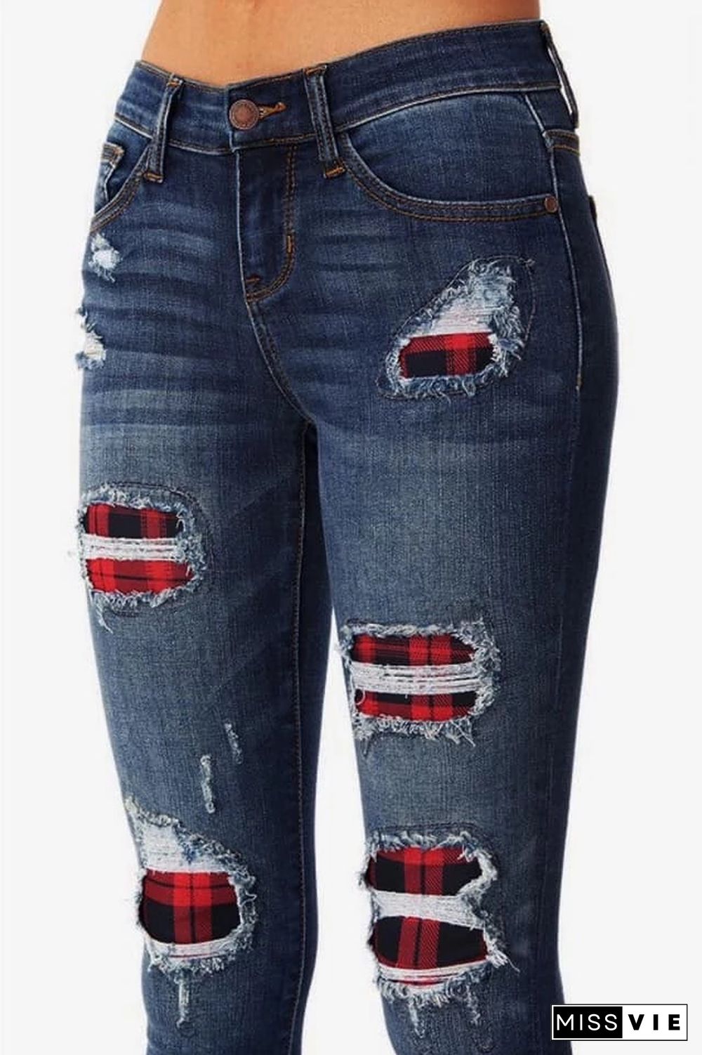 Patchwork Plaid Ripped Jeans