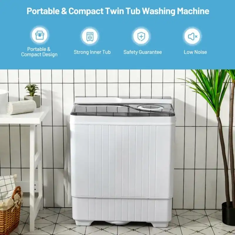 26lbs Portable Semi-automatic Washing Machine with Built-in Drain Pump Twin Tub Washer Spinner Combo