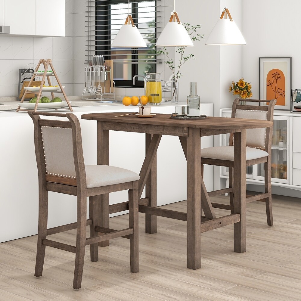 Wood Counter Height Drop Leaf Dining Table Set with 2 Upholstered Chairs