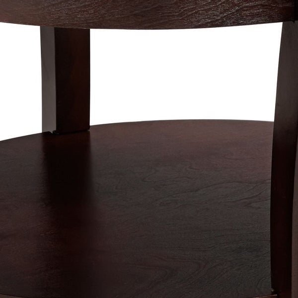 Oval Top Wooden End Table with Glass Insert and Open Shelf， Espresso Brown