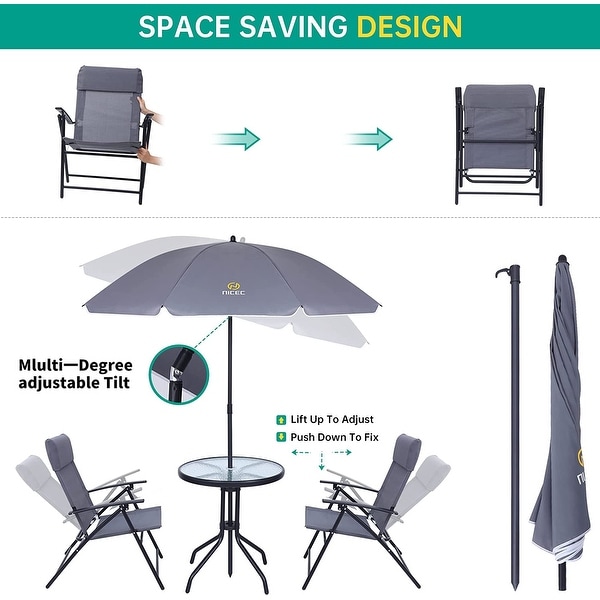 4Piece Bistro Set，Patio Dining Set，Garden Outdoor Table Set with Tilted Removable Umbrella，Glass Table，and 2 Folding Chairs