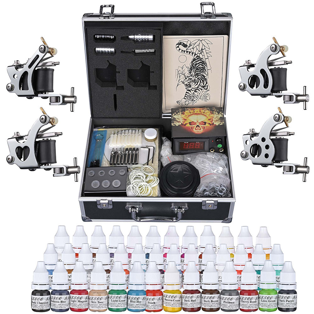 Yescom 4 Tattoo Machine Kit w/ LCD Power Supply 40 Color Inks & Case