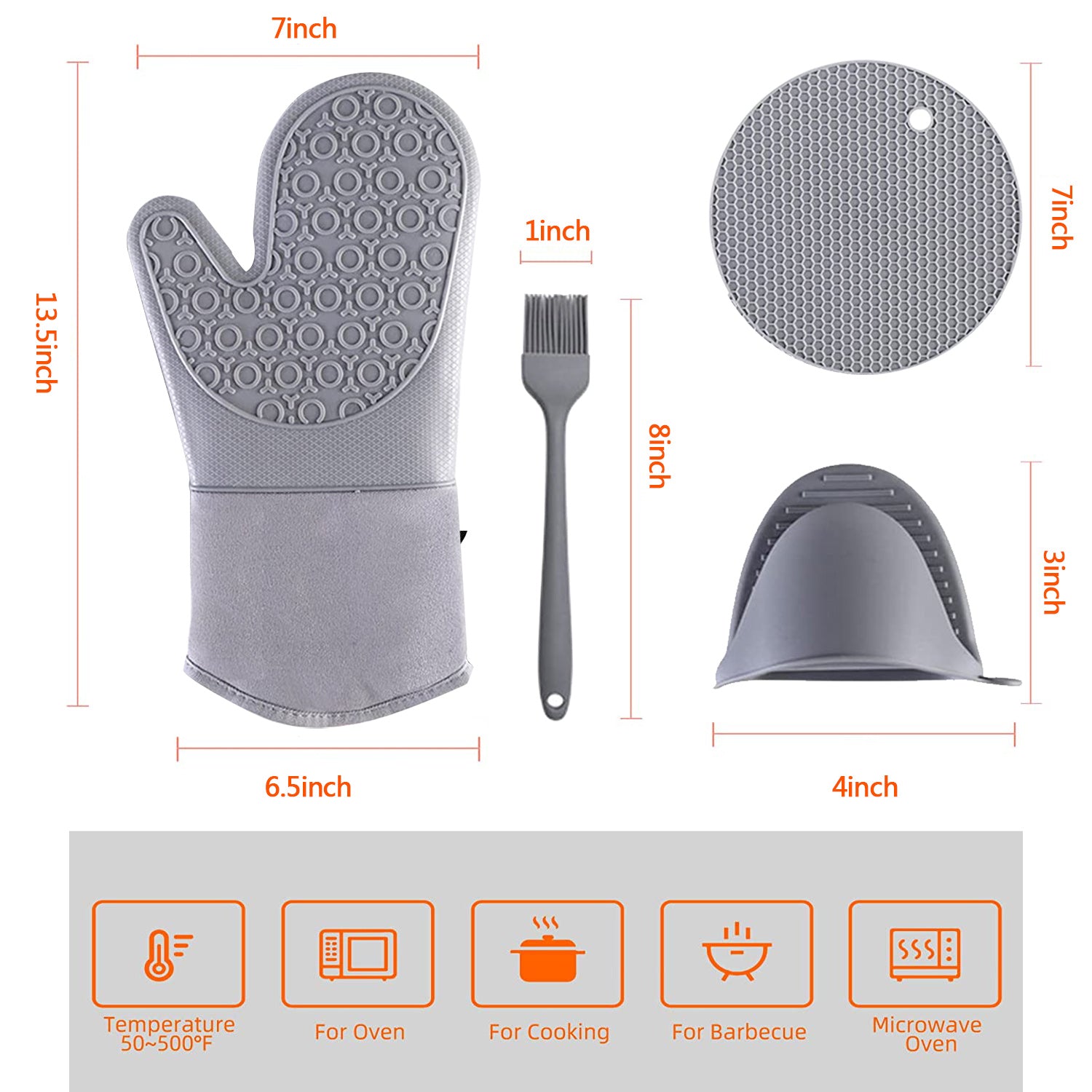 7pcs Silicone Oven Mitt and Pot Holder Set， Asablve 500°F Heat Resistant Oven Gloves， Non-Slip Oven Mittens with Mini Oven Gloves and Pot Holders Potholders for Kitchen Baking Cooking， Gray