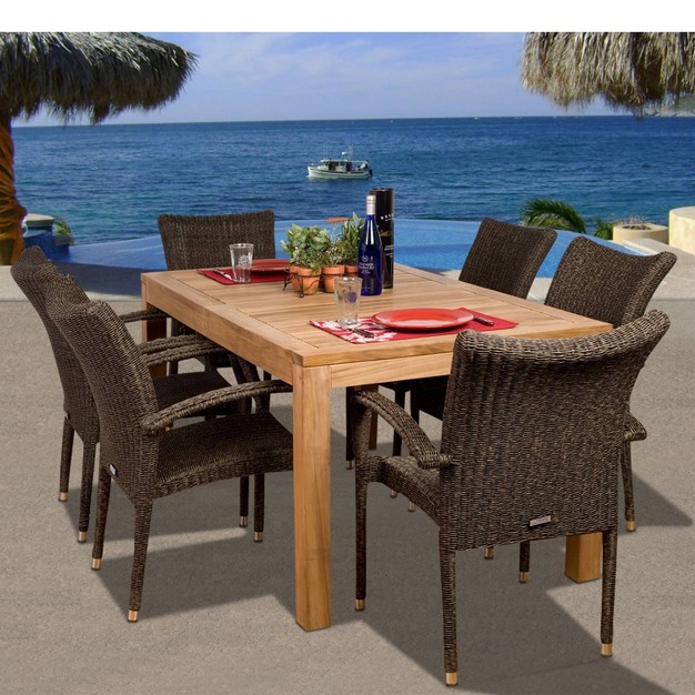 Brussels 7pc Patio Teak Wood Wicker Dining Set International Home Miami