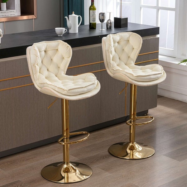 Set of 2 Bar Stools，with Chrome Footrest and Base Swivel Height Adjustable Mechanical Lifting Velvet + Golden Leg