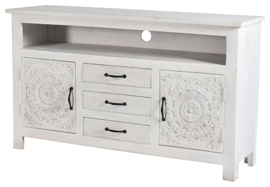 58 quotDistressed White Farmhouse Boho Mandala Lace Carved TV Stand   Farmhouse   Entertainment Centers And Tv Stands   by Sideboards and Things  Houzz