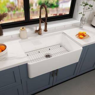 JimsMaison White Fireclay 33 in. Single Bowl Farmhouse Apron Kitchen Sink with Sink Grid JMAOKS01-3318WH