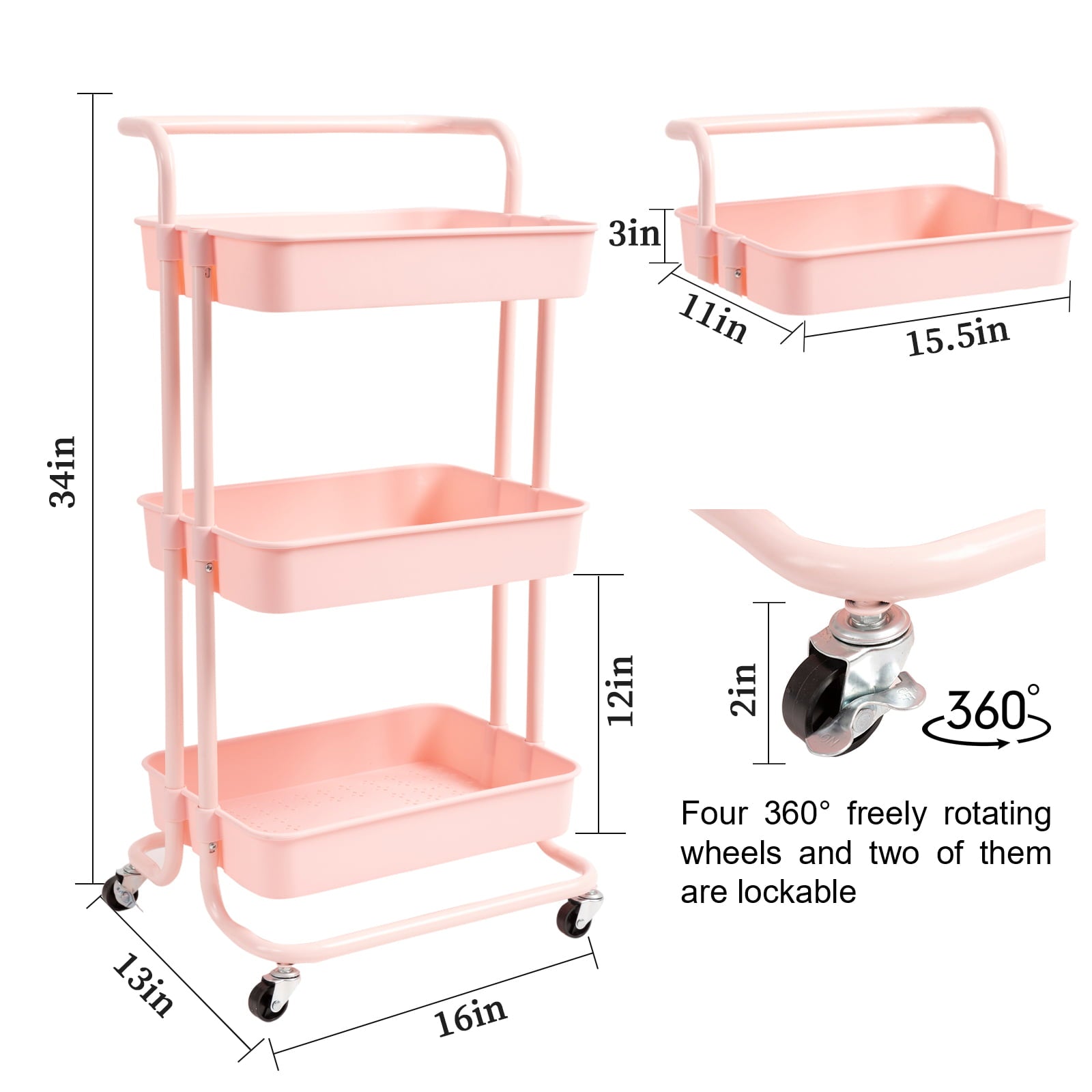 3-Tier Rolling Storage Organizer Cart with Handle and Lockable Wheels， Utility Trolly Cart for Kitchen， Sitting Room， Bathroom， Study， Pink