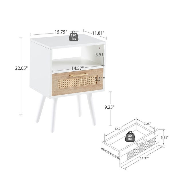 Rattan End table with drawer and solid wood legs