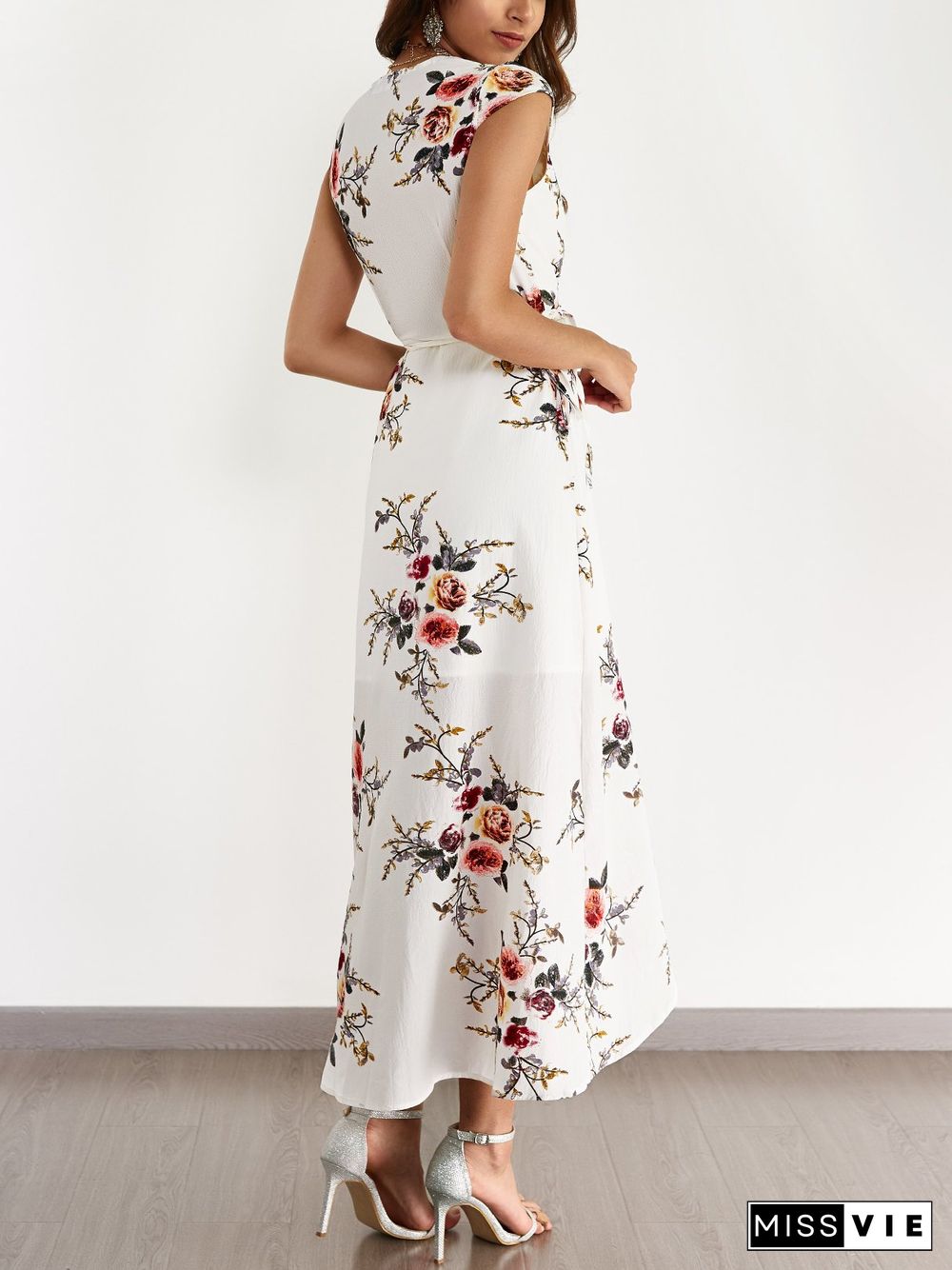 White V-Neck Random Floral Print Self-Tie Dress