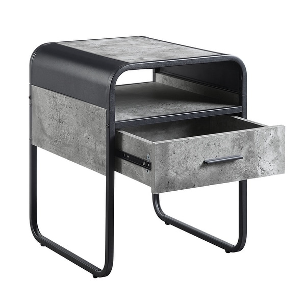 End Table Drawer， Concrete Gray and Black Finish，KD?Metal Frame，Side Metal Glide Drawer，Curved Edges Design，End Tables