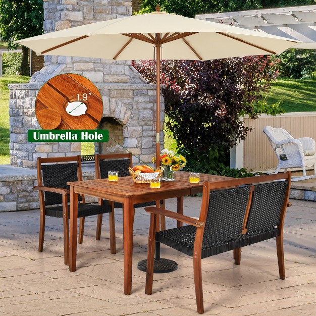 Costway 4pcs Patio Rattan Dining Furniture Set Acacia Wood Frame Stackable Chair Loveseat