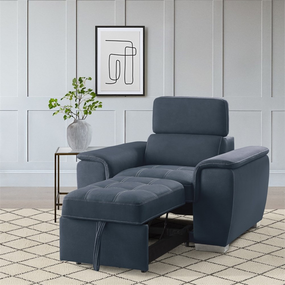 Bowery Hill Microfiber Accent Chair with Pull Out Ottoman in Blue   Contemporary   Armchairs And Accent Chairs   by Homesquare  Houzz