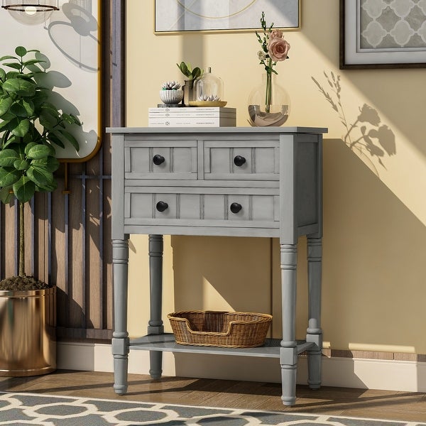 Levi Slim Console Table with Drawers and Shelf in Gray Wash - 23.7