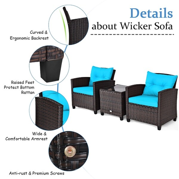 Outdoor 3piece Cushioned Rattan Patio Furniture Conversation Set