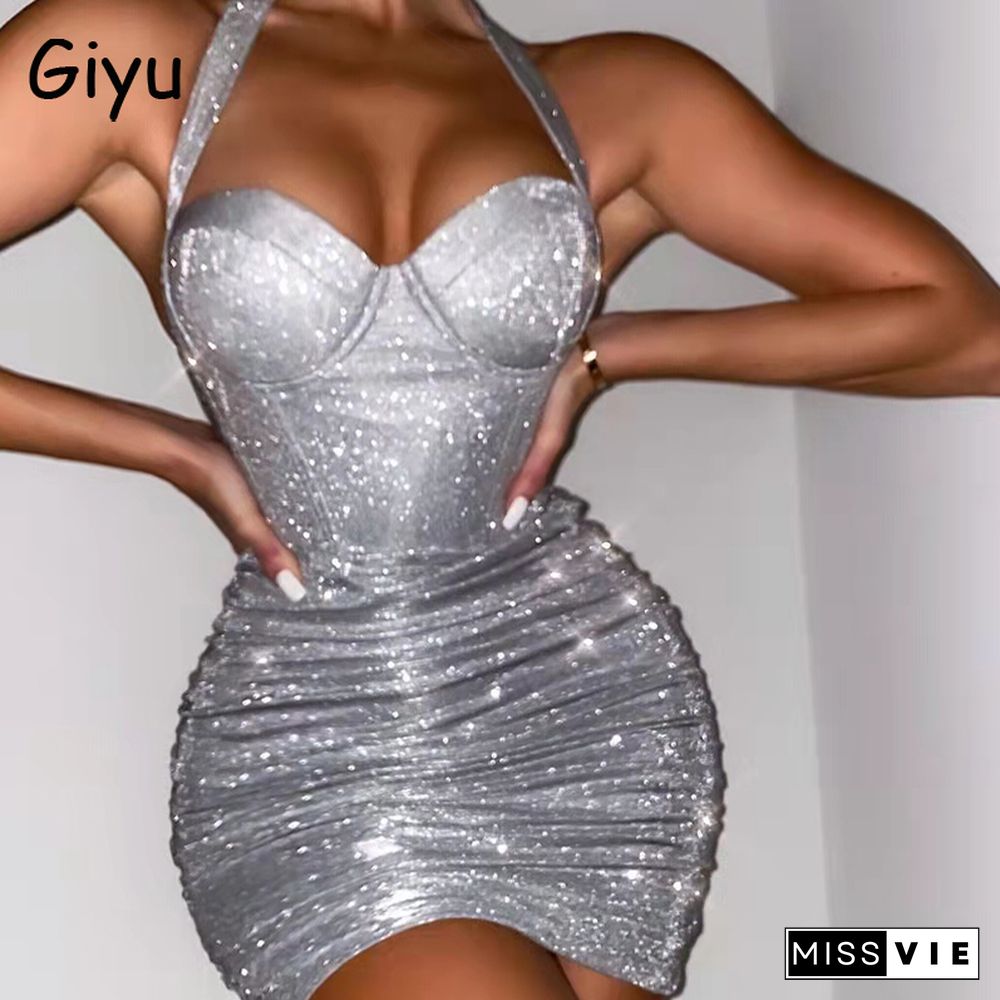 Giyu Sexy Glitter Dress Women Summer Night Club Party Satin Bodycon Mini Dresses Backless Sleeveless Ruched Black Vestidos