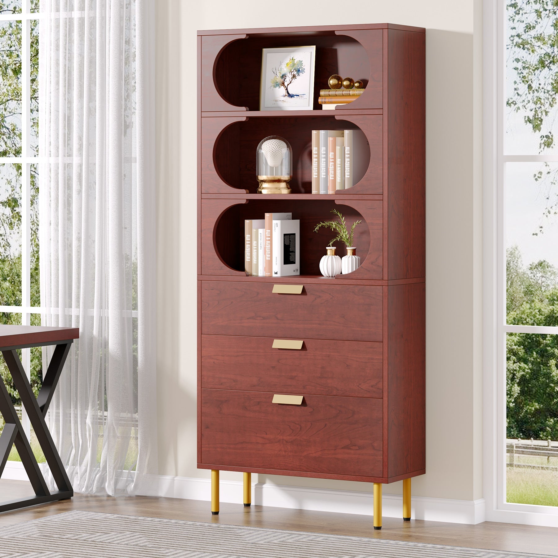 3-Drawer File Cabinet, Freestanding Filing Cabinet with Open Storage Shelves