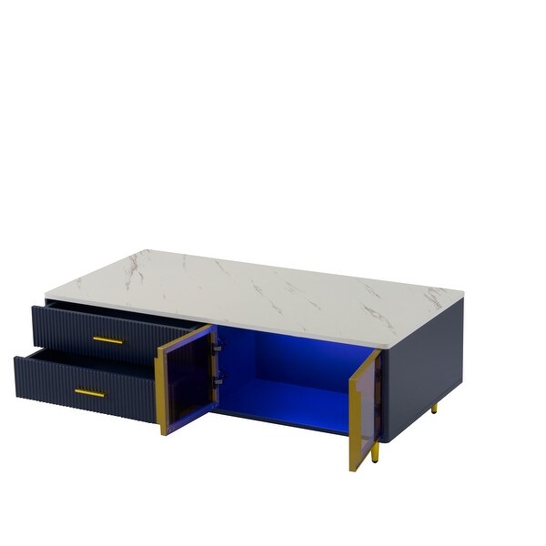 Coffee Table with 2 Glass Door Storage 4 Drawers Gold Metal Legs and MultiColor Lighting in 47.2''