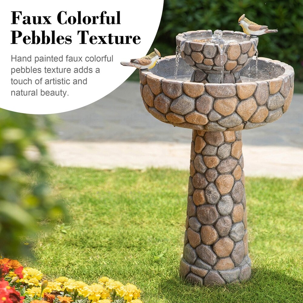 Glitzhome 24.5 inch Outdoor 2 tier Faux Pebbles Polyresin Birdbath Fountain with Pump