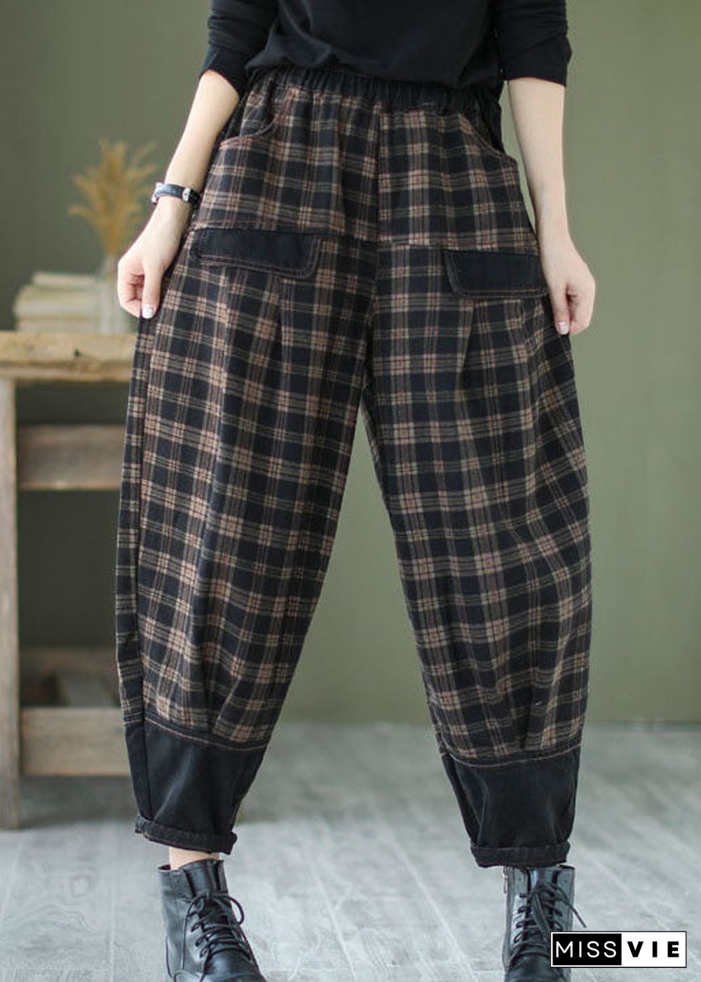 French Black Plaid Patchwork denim Pants Spring