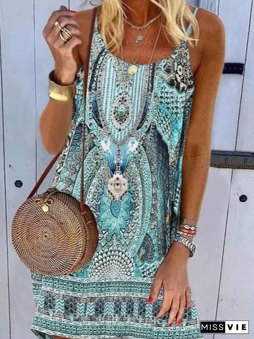 Women Sleeveless A-Line Tribal Mini Weaving Dress