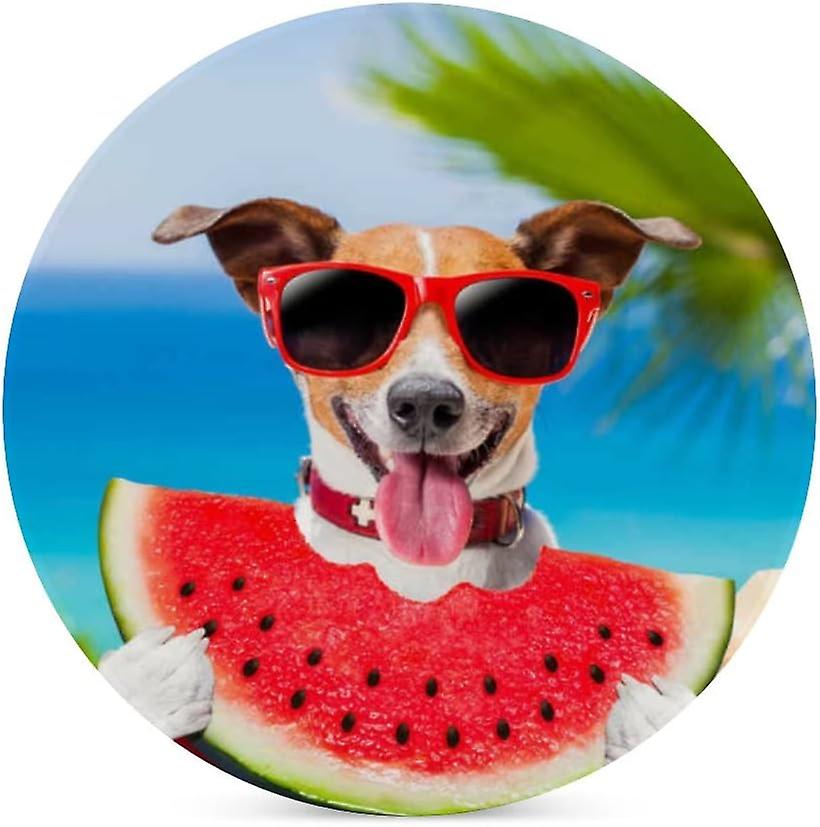 4pcs Round Jack Russell Dog Eating A Fresh Watermelon Ceramic Coasters With Cork-backed For Coffee Drink Cup Mat Absorbent Stone Coasters