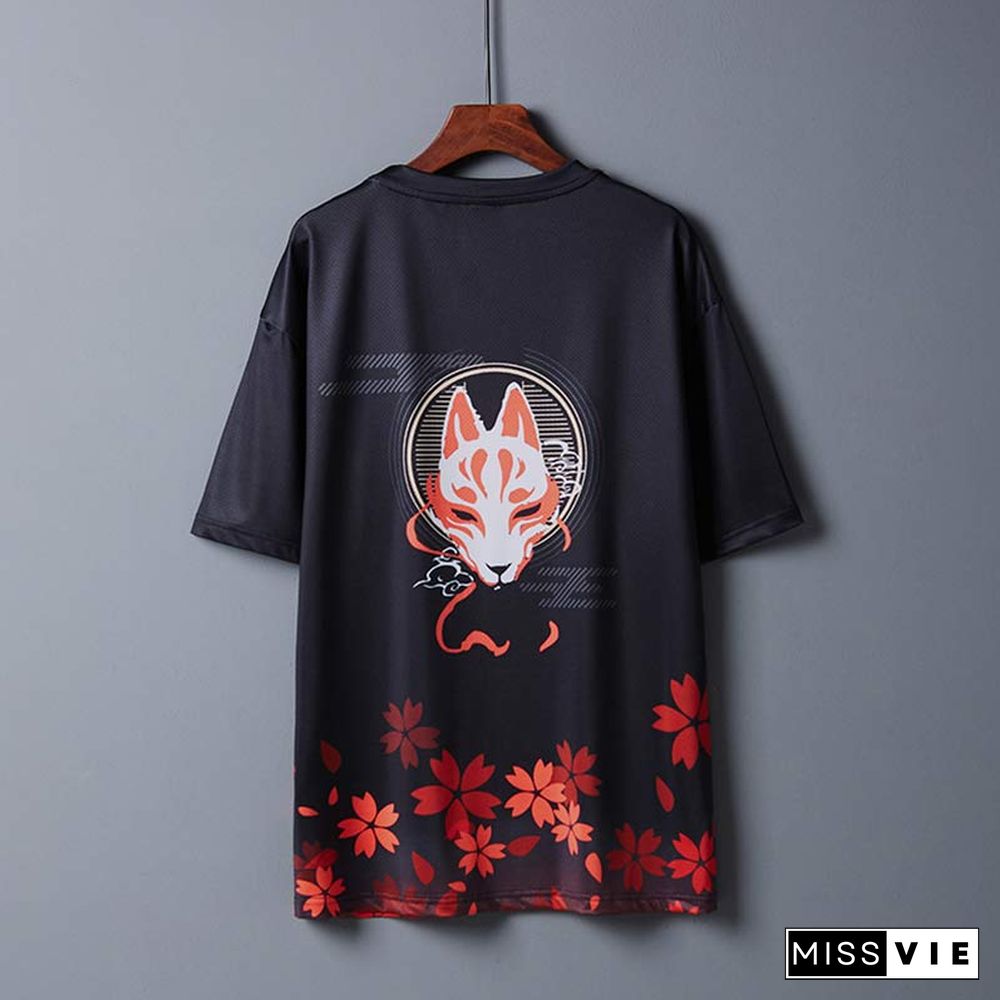 Vintage Sakura Fox Crane Print Casual T-Shirt