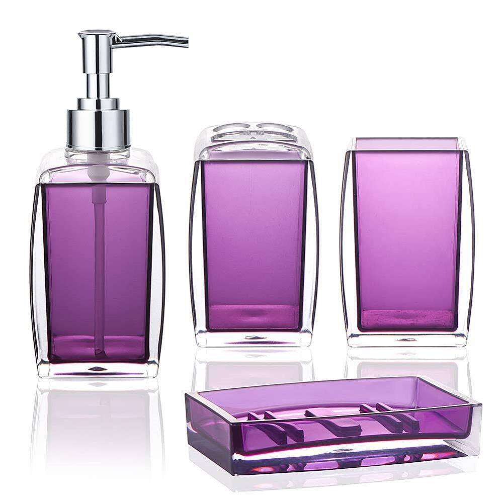 Dracelo 4-Piece Bathroom Accessory Set with Toothbrush Holder Toothbrush Cup Soap Lotion Dispenser Soap Dish in Purple B0B1J56DFT