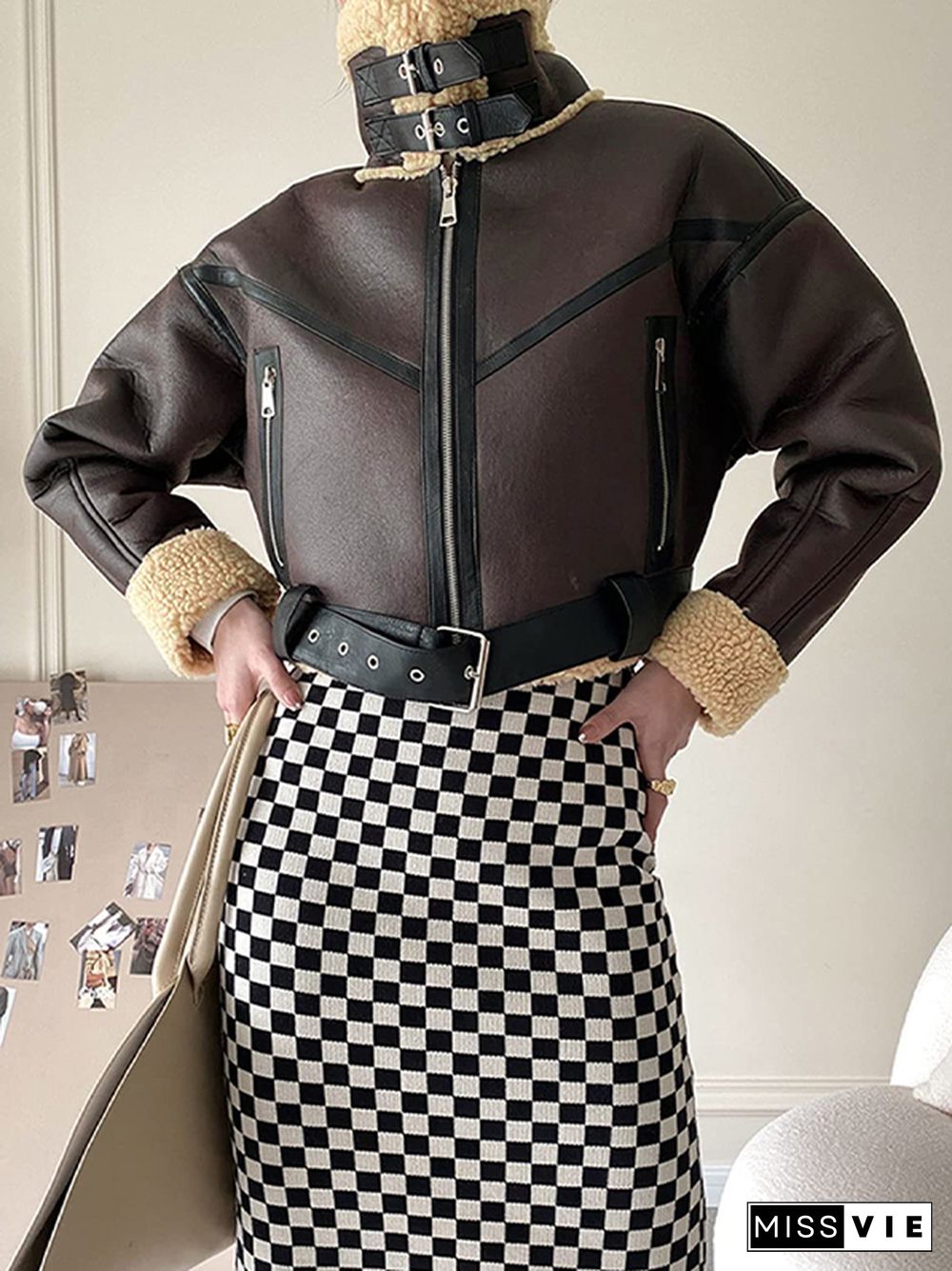 Lambswool Lined Leather Splice Short Jacket