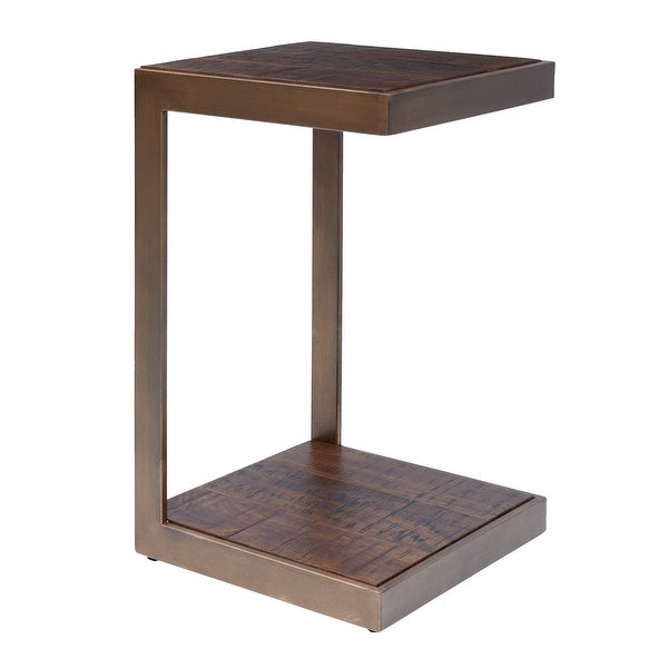 Metal Frame C Shape End Table with Wooden Top and Bottom， Brown - 15 L x 15 W x 24 H Inches