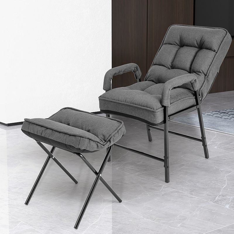 Linen Fabric Modern Accent Chair With Ottoman And Adjustable Backrest-Grey