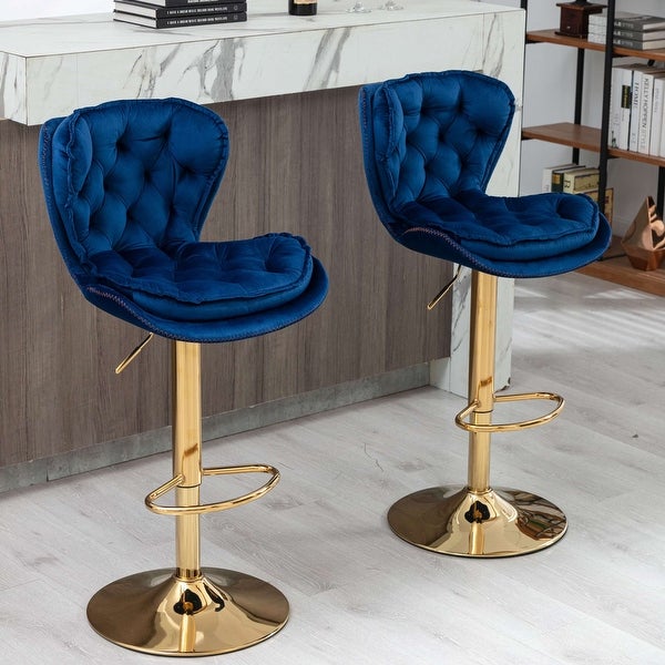 Set of 2 Bar Stools，with Chrome Footrest and Base Swivel Height Adjustable Mechanical Lifting Velvet + Golden Leg