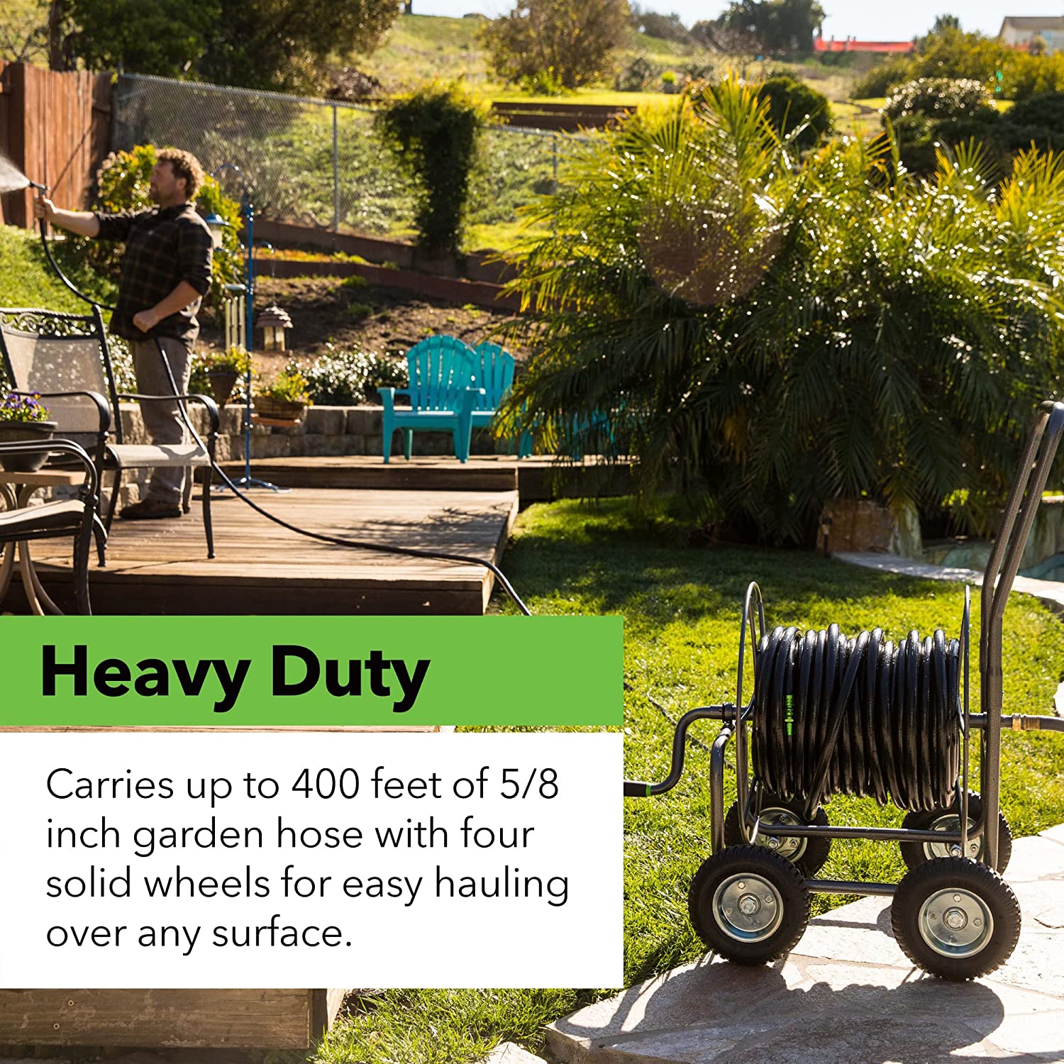 Yard Butler four wheel hose reel cart heavy duty 400 foot metal hose caddy suitable for gardens， lawns and fields Ð IHT-4EZ