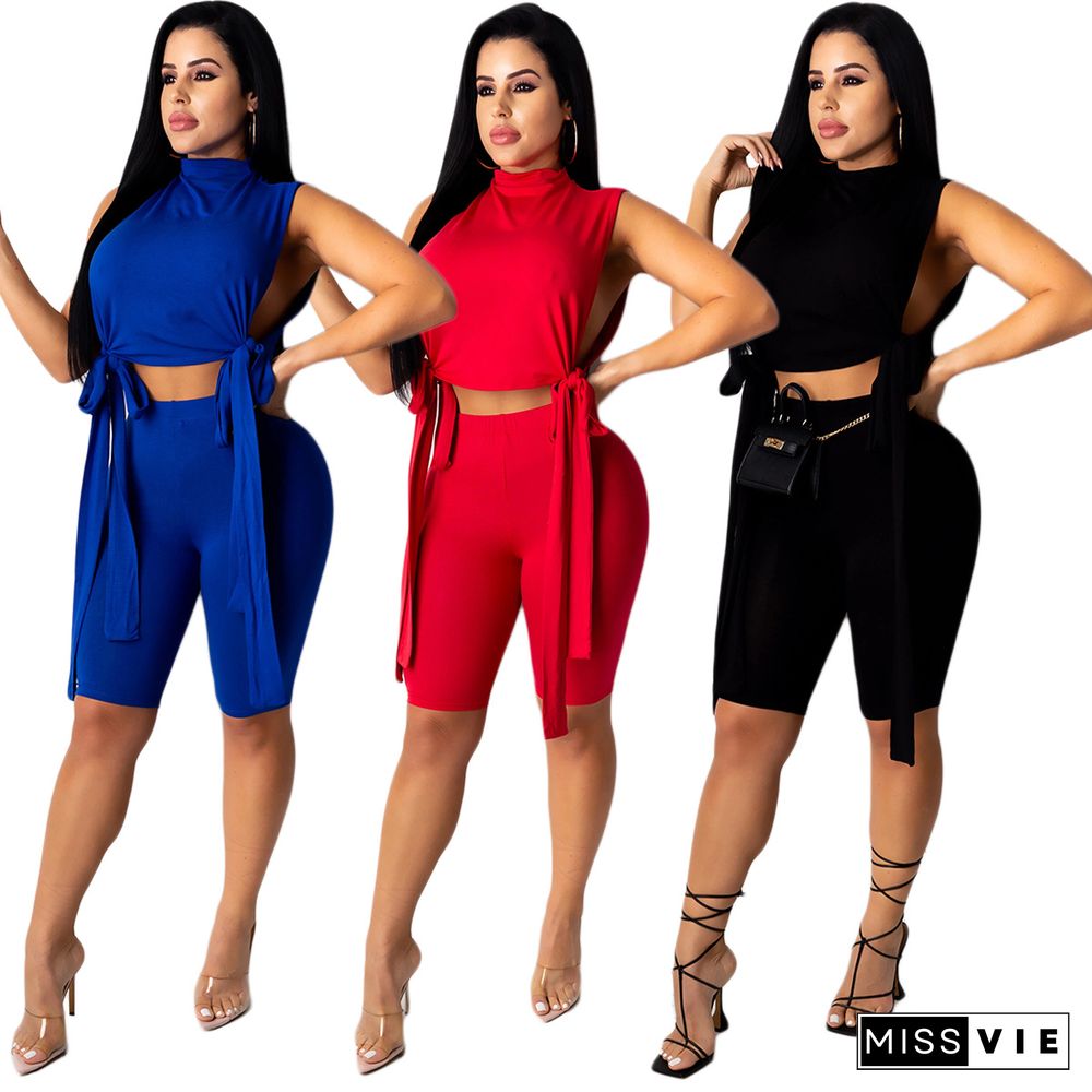 Solid-color Lacing Top Tight Pants Two-piece Set