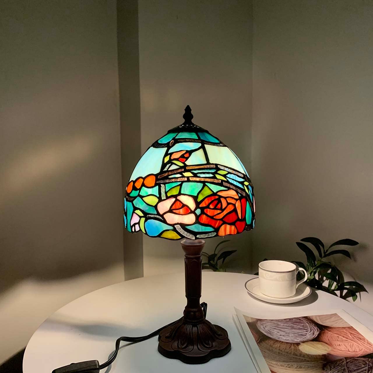 SHADY L10736 Rose Flower Tiffany Style Stained Glass Table Lamp with 8-inch Wide Lampshade  15-inch Tall  Red