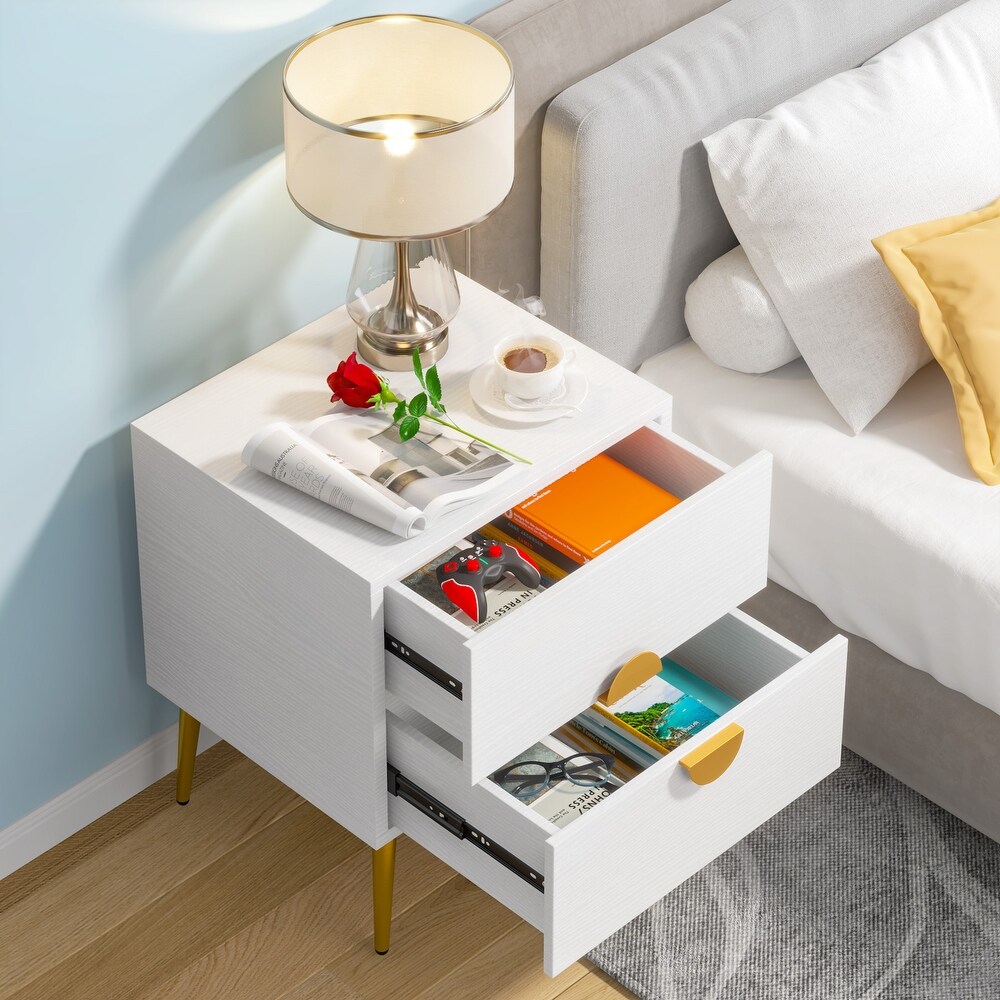 Dark Grey Wood Modern Nightstand with 2 Drawers  White/ Gold Mid century Contemporary Bedside Table with Storage