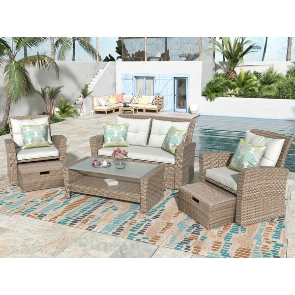 Patio Furniture Set，4 Piece Outdoor Conversation Set All Weather Wicker Sectional Sofa with Ottoman and Cushions for Garden Deck