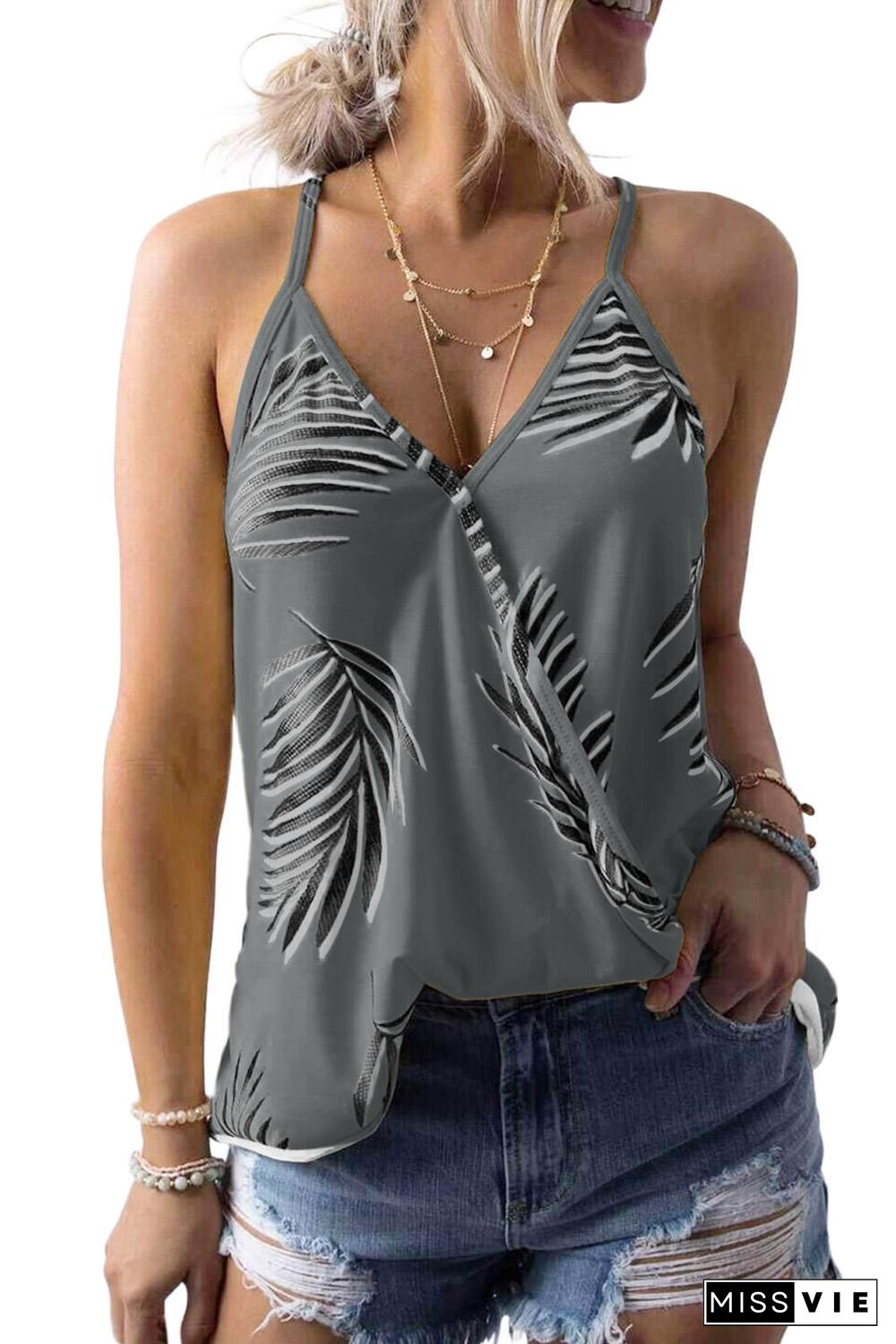 Gray Tropical Plant Print Tank Top