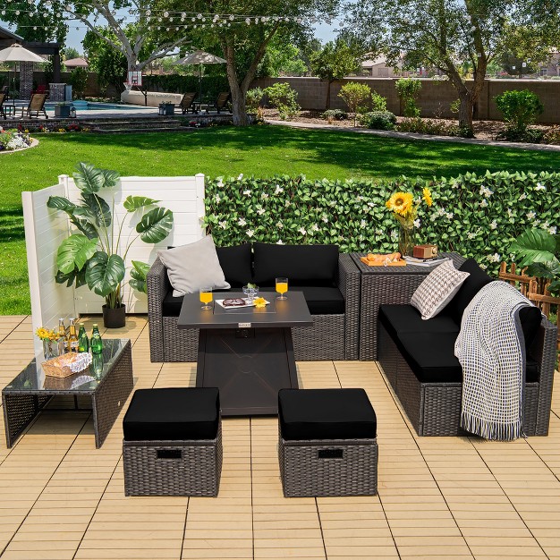 Costway 9pcs Patio Rattan Furniture Set Fire Pit Space saving W Cushion Cover