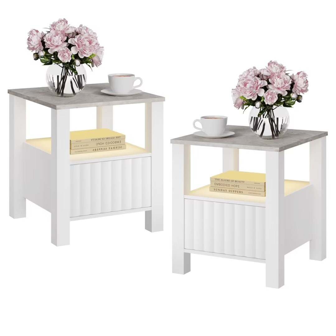 Side End Table with LED Light， White Nightstand with Cabinet(Set of 2)