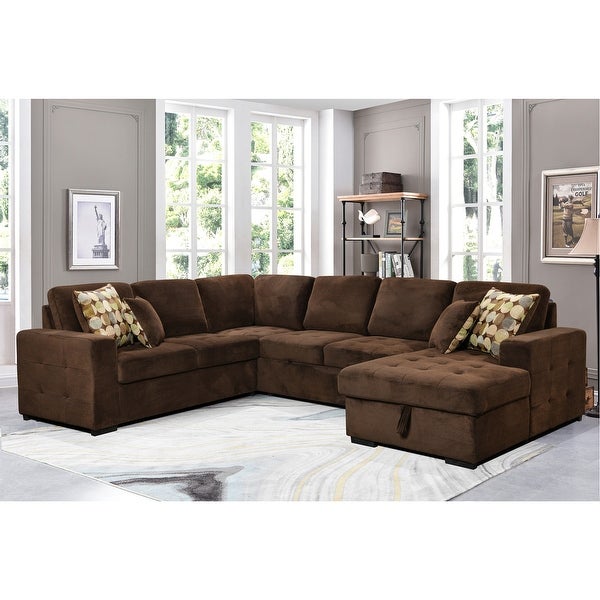 123 Inch U Shaped Sectional Sofa With Storage And 4 Throw Pillows