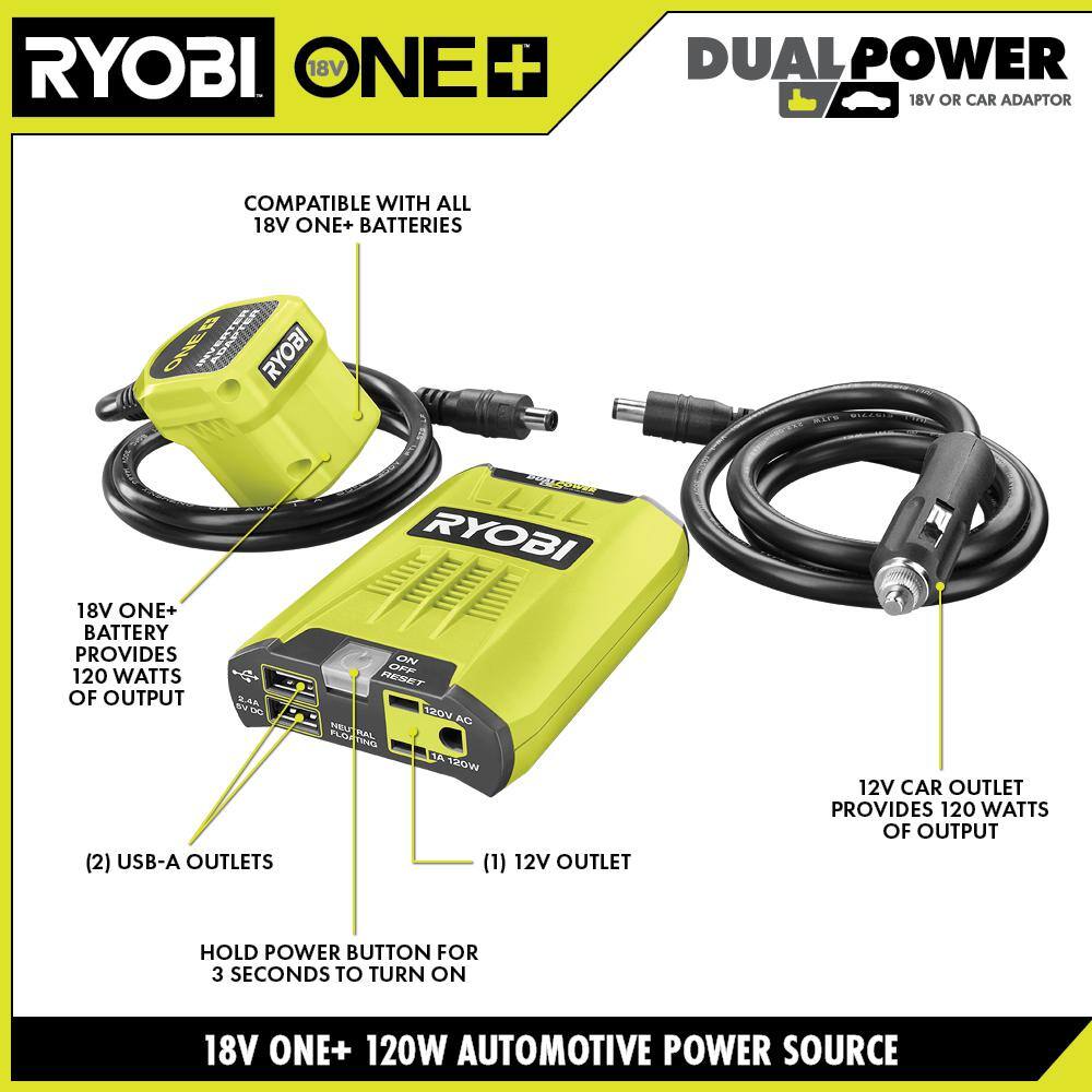 RYOBI ONE+ 18V 120-Watt 12V Automotive Power Inverter with Dual USB Ports RYi120A