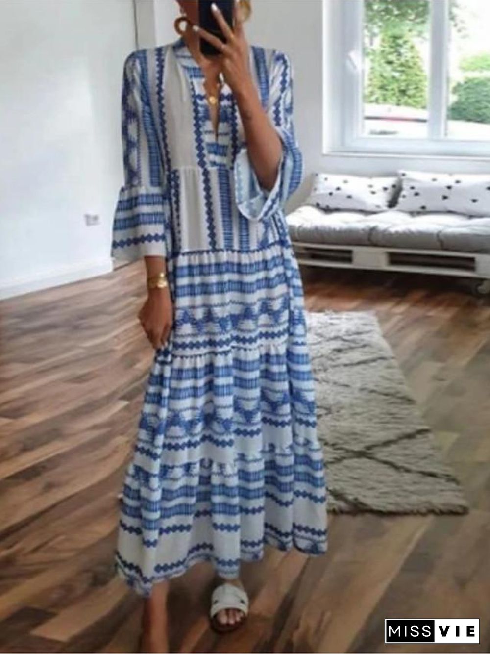 Women's Swing Dress Maxi long Dress 3/4 Length Sleeve Geometric Print Spring Summer Boho Flare Cuff Sleeve Blue S M L XL XXL 3XL