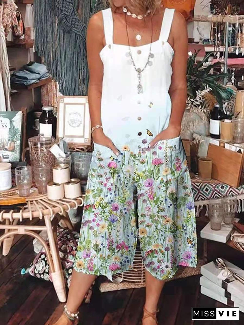 Flowers Printed Loose Pocket Jumpsuit