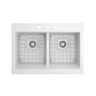 BOCCHI Nuova White Fireclay 34 in. Double Bowl Drop-In Apron Front Kitchen Sink with Protective Grids and Strainers 1501-001-0127