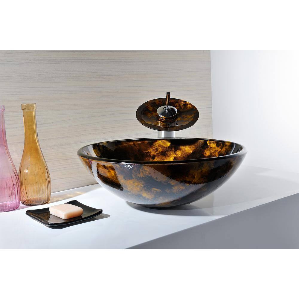 ANZZI Toa Deco-Glass Vessel Sink in Kindled Amber with Matching Chrome Waterfall Faucet LS-AZ8102