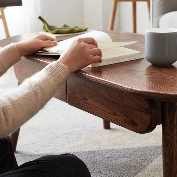 Capsule Centre Solid Oak Table with Drawers， Solid Wood Coffee Table Easy to Assemble Natural for Living room